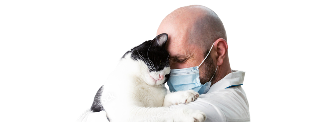 UrgentPaws veterinarian wearing a mask gently snuggling a cat, providing compassionate urgent care for pets with eye and ear problems.